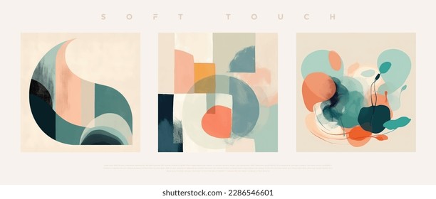 Minimalist hand painted wall art pastel colored composition on bone background. Modern geometric elegant abstract wallpaper set for poster, wedding card, cover design, banner etc… vector illustration