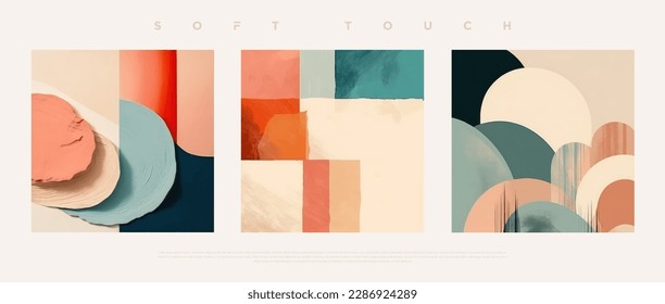 Minimalist hand painted wall art pastel colored composition on bone background. Modern geometric elegant abstract wallpaper set for poster, wedding card, cover design, banner etc… vector illustration