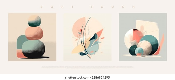 Minimalist hand painted wall art pastel colored composition on bone background. Modern geometric elegant abstract wallpaper set for poster, wedding card, cover design, banner etc… vector illustration