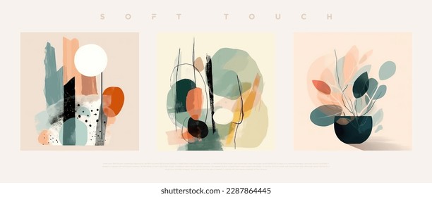 Minimalist hand painted wall art pastel colored composition on bone background. Modern geometric elegant abstract wallpaper set for poster, wedding card, cover design, banner etc… vector illustration