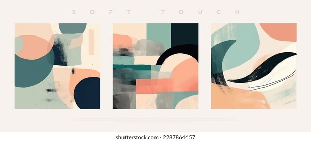 Minimalist hand painted wall art pastel colored composition on bone background. Modern geometric elegant abstract wallpaper set for poster, wedding card, cover design, banner etc… vector illustration