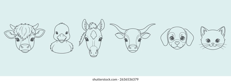 Minimalist Hand-Drawn Baby Farm Animal Face Icons – Calf, Duckling, Foal, Puppy, Kitten – Cute Vector Set in Continuous Line Art Style

