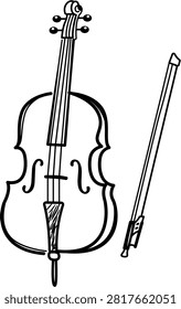 Minimalist hand-drawn black line vector icon of a cello with a bow on a white background, perfect for classical music, orchestra, and musical instrument themed designs and illustrations.