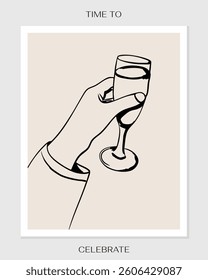 Minimalist Hand-Drawn Champagne Glass in Hand Illustration – Elegant Celebration Line Art