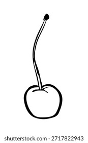 Ilustración de cereza dibujada a mano minimalista en un estilo de doodle simple. Contorno de tinta negra de una sola baya con un tallo largo, elemento de fruta orgánica aislado sobre fondo blanco para el Diseño gráfico moderno