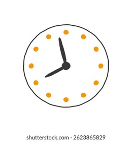 Ilustração de relógio desenhado à mão minimalista exibindo o tempo como 8:55, com mãos pretas e marcadores de hora laranja em um estilo simples. Ícone de relógio desenhado à mão mostrando 8:55