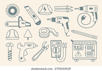 Minimalist hand-drawn construction tools doodle icon set featuring monochrome line art illustrations of repair equipment and hardware. Ideal for DIY workshop branding, renovation service websites, hardware store menu layouts, carpentry blogs, and industrial-themed web graphics.
