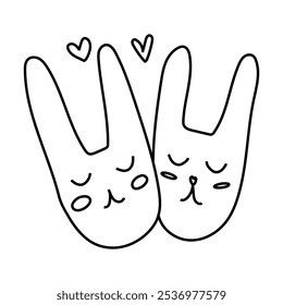 Minimalist hand-drawn doodle of two bunny faces with simple, clean lines, capturing a cute and playful expression. Ideal for Easter designs, children’s decor, and greeting cards.