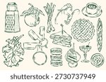 Minimalist hand-drawn food and beverages vector illustration in sketch style for greeting cards, wedding invites, posters, branding, logo design, backgrounds, and modern creative projects.