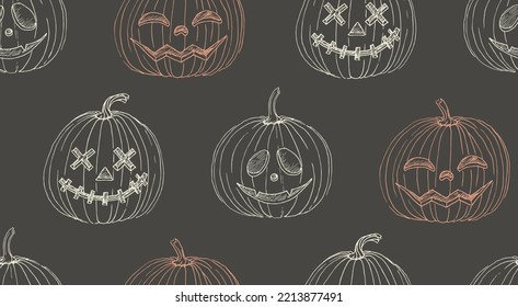 Minimalist hand-drawn Halloween jack o'lantern pumpkin smiling faces repeat seamless surface patterns for wrapping paper, fabric, and backgrounds, with grey, pink, and beige fall colors.