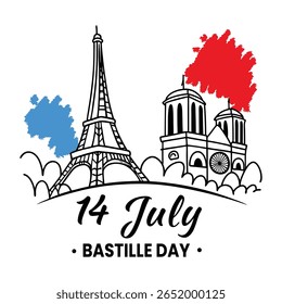 Uma ilustração minimalista desenhada à mão celebrando o Dia da Bastilha. Possui a Torre Eiffel e a Catedral de Notre-Dame, acentuada com salpicos de azul e vermelho, simbolizando a bandeira francesa.