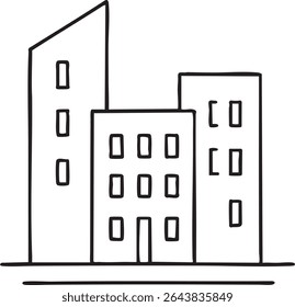 Uma ilustração minimalista e desenhada à mão de uma paisagem urbana com três edifícios com janelas, renderizada em linhas pretas sobre um fundo branco.