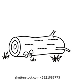 A minimalist hand-drawn illustration of a cut log resting on the ground with small mushrooms growing beside it, surrounded by simple tufts of grass.