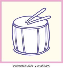 Ilustración minimalista dibujada a mano de un tambor con baquetas cruzadas, delineada en púrpura con un fondo pastel, que representa música y percusión, Ilustración vectorial