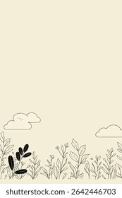 Uma ilustração desenhada à mão minimalista com plantas e nuvens contra um fundo de pêssego claro, criando uma estética serena e simples.
