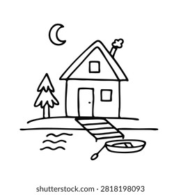 A minimalist hand-drawn illustration featuring a small house with a chimney, a pine tree, a crescent moon, and a small boat tied to a dock on a lake.