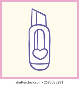 Minimalist hand-drawn illustration of a lipstick tube in purple with a heart detail, framed by a pastel pink border on a light background, Vector Illustration