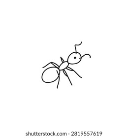 A minimalist hand-drawn illustration of a single ant with simple lines on a plain white background