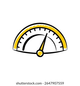 A minimalist, hand-drawn illustration of a speedometer. The gauge features a black outline, tick marks, and a needle pointing towards the upper right, with a vibrant yellow accent band.