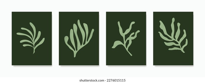 Minimalist hand-drawn leaf wall art. Versatile and calming, it features abstract twigs on a green background, perfect as a poster or decoration.
