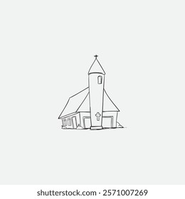 Minimalist hand-drawn line art of a church showcasing a tower adorned with a cross.