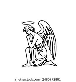 minimalist hand-drawn line art illustration of a kneeling angel with a halo and wings, depicting a contemplative and spiritual pose. Ideal for use in religious or spiritual themes, graphic design. 