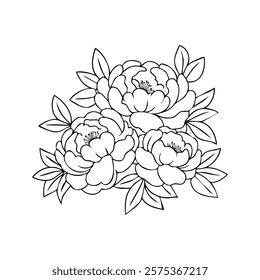 A minimalist hand-drawn line art of three traditional Chinese New Year peony oriental flowers. Elegant pen outline doodle, perfect for greeting cards, social media, posters, and coloring pages.