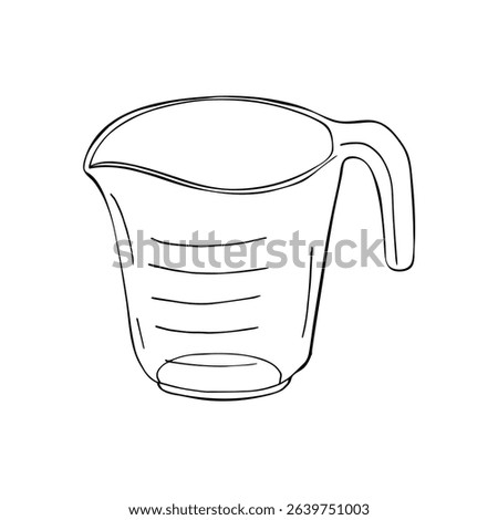 Minimalist hand-drawn line illustration of a measuring cup with handle and marked volume lines. Perfect for kitchen designs, recipe books, cooking guides, food packaging, and DIY projects. 