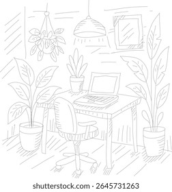 Minimalist hand-drawn office interior with desk, laptop, swivel chair, indoor plants, hanging lamp, and wall decor. Cozy workspace sketch with a natural and creative atmosphere.