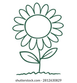 A minimalist hand-drawn outline of a single flower with a round center and many petals growing from the soil.