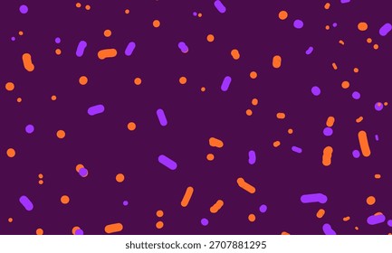 A minimalist handdrawn pattern featuring colorful dots and short lines scattered on a dark purple background. Perfect for backgrounds, textiles, or any design needing a playful touch.