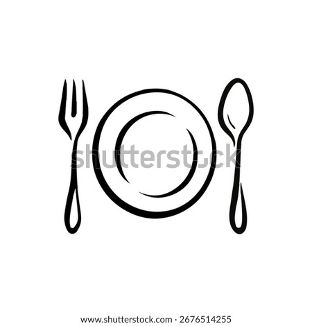 Minimalist hand-drawn plate with fork and spoon illustration, black brush line art on transparent background. Simple sketch style icon for food design, menu decoration, cafe branding.