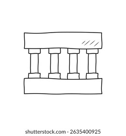 Desenho simples em linha de doodle de um edifício clássico com quatro colunas e vigas horizontais ACntal, simbolizando equilíbrio arquitetônico, simetria, princípios de design e estrutura histórica.