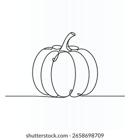 Un boceto minimalista, dibujado a mano de una calabaza con un tallo y textura acanalada.