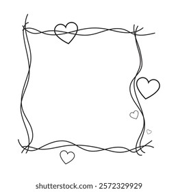 Minimalist hand-drawn square frame with overlapping white hearts. 