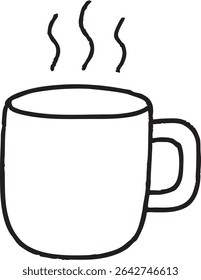A minimalist, hand-drawn style illustration of a mug with steam rising, outlined in black on a white background.