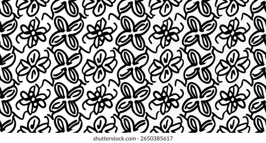 Um padrão de estilo minimalista e desenhado à mão com contornos pretos arrojados de flores e folhas em um fundo branco limpo, criando um visual gráfico e artístico.