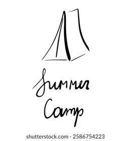 Minimalist Hand-Drawn Summer Camp Tent Illustration with Elegant Calligraphy on White Background