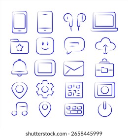 Conjunto minimalista de ícones de tecnologia desenhados à mão - estilo Doodle Vetor de contorno para aplicativos móveis, na nuvem e digitais