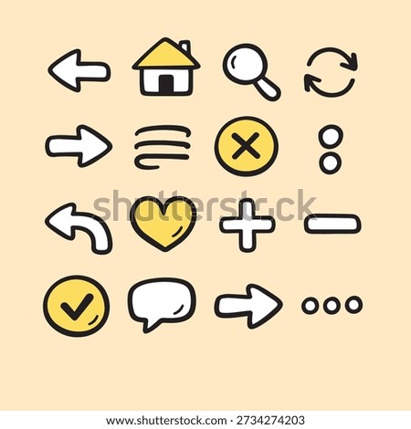 Minimalist hand-drawn UI icon set with black outline and soft yellow accents, featuring navigation arrows, home, search, refresh, menu, checkmark, chat bubble, heart, plus and minus symbols. Modern flat vector style suitable for mobile apps, web interfaces, and digital design elements.