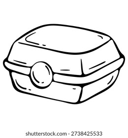 Minimalist hand-drawn vector doodle of a closed food container. Represents eco-friendly packaging, biodegradable lunch boxes, and sustainable meal delivery solutions. Ideal for catering websites, restaurant branding, and takeaway apps.