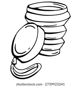 Minimalist hand-drawn vector doodle of a collapsed silicone cup and a lid with a strap. Represents zero waste travel solutions, compact reusable drinkware, and sustainable beverage delivery. Ideal for eco-blogs and modern lifestyle apps.