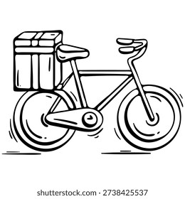 Minimalist hand-drawn vector doodle of a delivery bicycle with a large thermal parcel box. Represents eco-friendly city logistics, zero emission courier services, and sustainable food shipping. Perfect for cycling and e-commerce apps.