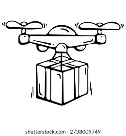 Minimalist hand-drawn vector doodle of a flying quadcopter drone transporting a parcel box. This illustration represents modern eco-friendly logistics, smart city shipping solutions, and sustainable e-commerce delivery. Perfect for business websites, logistics apps, and green marketing layouts. Clean isolated sketch for professional use.