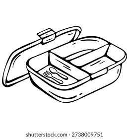 Minimalist hand-drawn vector doodle of an open lunch box with a fork and spoon. Represents sustainable food packaging, zero waste meal delivery, and eco-friendly takeaway. Ideal for catering websites, healthy eating blogs, and cafe apps.