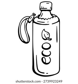 Minimalist hand-drawn vector doodle of a reusable eco-bottle inside a thermal insulated bag with a carrying strap. Represents cold beverage delivery, protective cooler sleeves for drinks, and zero waste lifestyle. Ideal for healthy food apps.