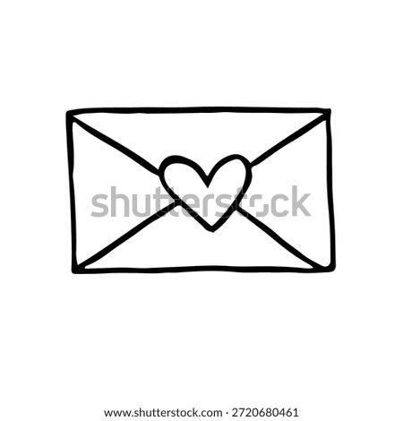 Minimalist hand-drawn vector doodle of a sealed envelope featuring a central heart shape on the flap