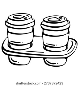 Minimalist hand-drawn vector doodle of two coffee cups with lids in a cardboard carrier tray. Represents eco-friendly beverage delivery, sustainable takeaway service, and zero waste lifestyle. Ideal for cafe branding and drink ordering apps.