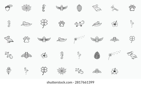 Minimalist Hand-Drawn Vector Icon Set: 39 Black Line Art Illustrations of Nature, Animals, and Plants including Flamingo, Gecko, Seahorse, Scarab, Hibiscus, Dandelion, Paw Print, and Insects.