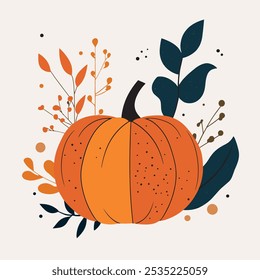 Um vetor desenhado à mão ilustração minimalista de uma abóbora com folhas de outono e bagas. Perfeito para cartões de felicitações sazonais, projetos com tema de outono e projetos de decoração de férias.